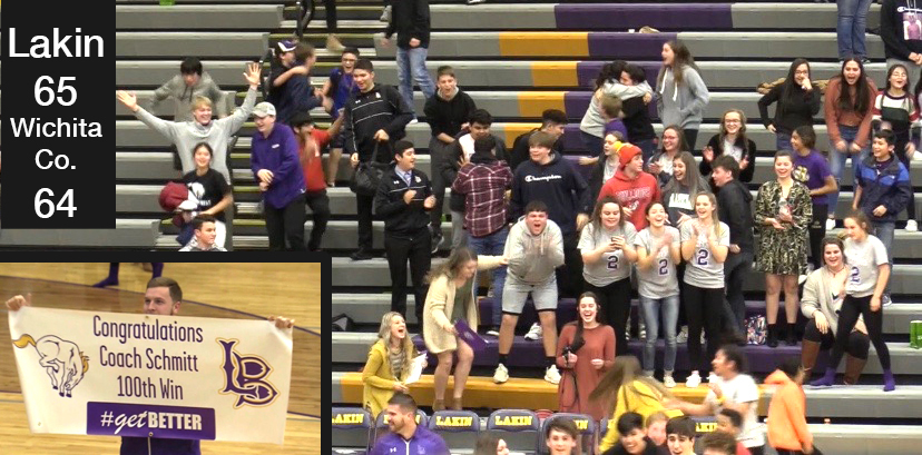 The crowd reacts to Sonnie Altman's buzzer-beater shot to give the Broncs a one-point win over Wichita County on Tuesday, which was also coach Nate Schmitt's 100th high school coaching win.