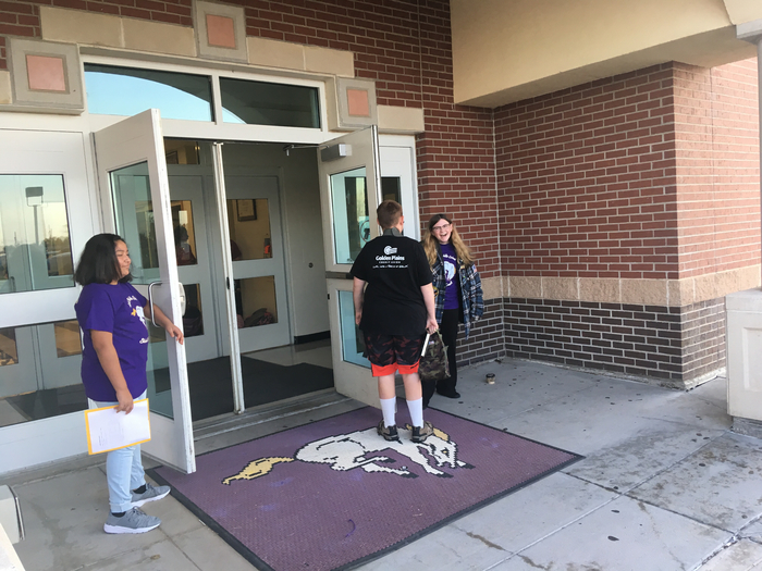 7/8 STUCO greeting LMS kids on the first day of school.  